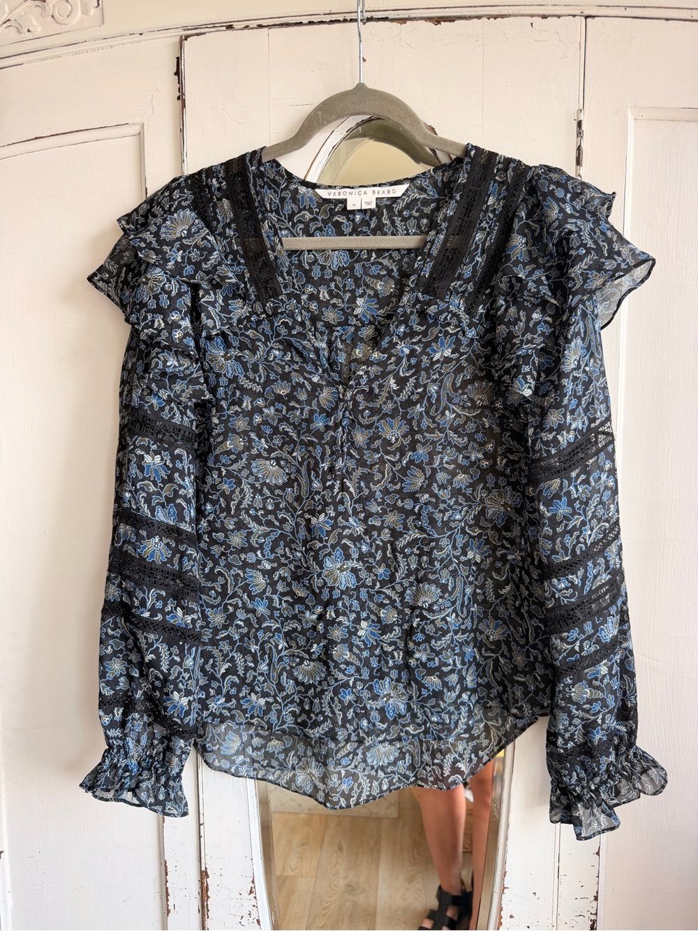 Veronica Beard Black & Blue Floral Ruffle Blouse